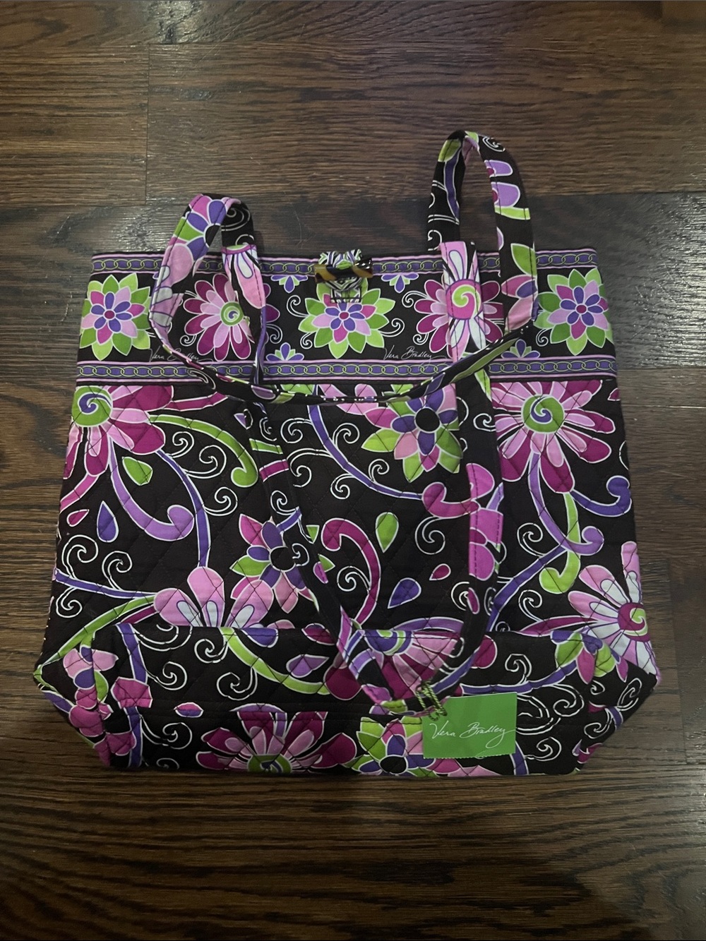 Vera Bradley Black Floral Quilted Tote with Pink & Green Accents